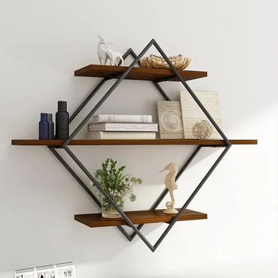 Mygroot - Zwart - metalen wandrek - industrieel met 3 houten plankjes 50x50x19cm