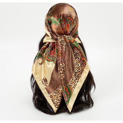 Écharpe Carrée en Soie Imprimé Bohème de Luxe pour Femmes Hijab Bandeaux pour Cheveux 90cm Foulard de Cou Bandeau Bandeau de Tête en Satin Féminin 90x90cm beige