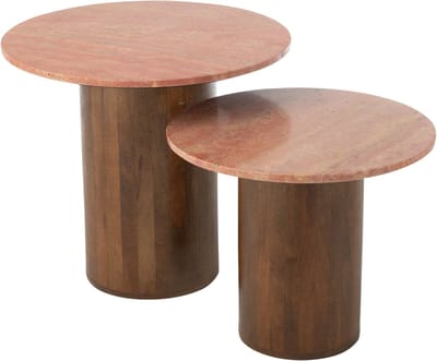J-Line bijzettafel Rond Marmer - hout - terracotta/bruin - set van 3