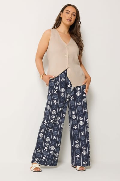 Yours Schelpenprint Kreukelstof Broek Met Wijde Pijpen Size 42