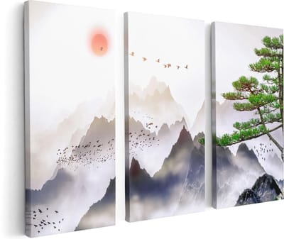Artaza Canvas Schilderij Drieluik Bergenlandschap Met Een Boom - Abstract - 120x80 - Foto Op Canvas - Canvas Print