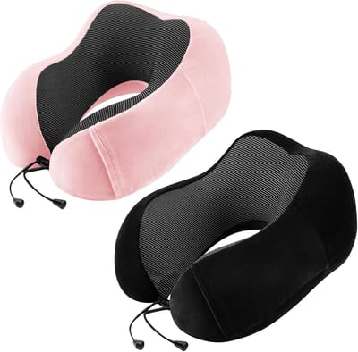 2 stuks - Dubbele punt U-vormig nekkussen - U-vormig kussen van traagschuim - Draagbaar nekkussen voor in het vliegtuig - 28*24*14 cm - Roze + Zwart