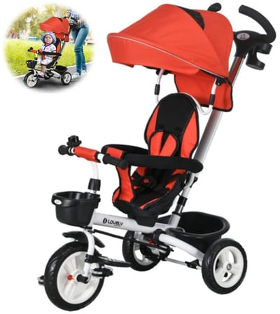 6-in-1 driewieler met duwstang - kinderdriewieler met veiligheidsgordel - opvouwbaar - afneembare zonnekap - bekerhouder - mandje - pedalen - tot 25 kg - voor kinderen van 1-5 jaar - rood