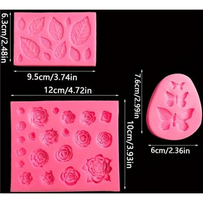 Ensemble 3 pièces taille fleur rose nœud feuilles, moule en silicone pour pâtisserie DIY gâteau flip bonbon, outils de pâtisserie, accessoires de décoration de gâteau Pack of 3