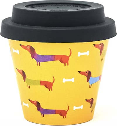 Quy Cup - 90ml Ecologische Reis Beker - Espressobeker “Pedro - Dachshund” met Zwarte Siliconen deksel