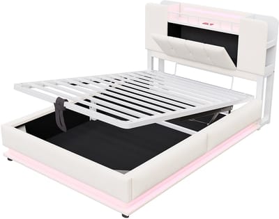 COVREO Kinderbed met LED-verlichting en USB-aansluiting – 90x200 cm – Bed met hydraulische opbergruimte – voor kinderkamer – Beige - zonder matras