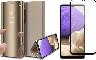 Hoesje geschikt voor Samsung A32 en Screenprotector Spiegel Book Case Cover Hoes Goud + Screen Protector Glas Full Screen