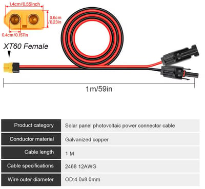 TLVX Zonnepaneel Kabel MC4 naar XT60 / 100CM / Solarkabel 12AWG / Extern Zonnepaneel aansluiten / Solar Cable Connector / Zonnepaneel Adapter / Verlengkabel / Geschikt voor Ecoflow Delta Powerstation Batterij / 1 Meter