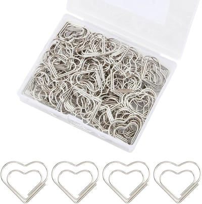 Pack of 100 paper clips - metalen paper clips - paper clips met plastic box - gouden paper clips - hartvormige paper clips - zilveren paper clips