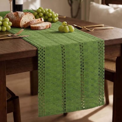 Tafelloper in Boheemse stijl, 30 x 180 cm, linnen, rustieke stijl, wasbaar, voor tafel, feest, verjaardag, bruiloft, decoratie, dagelijks gebruik, Valentijnsdag, groen