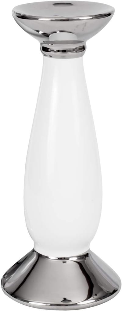 Keramische Kandelaar - Kaarsenhouder Decoratie - Tafeldecoratie Bruiloft - Volledig Beglaasd Design - 31 cm Hoog - Wit Zilver
