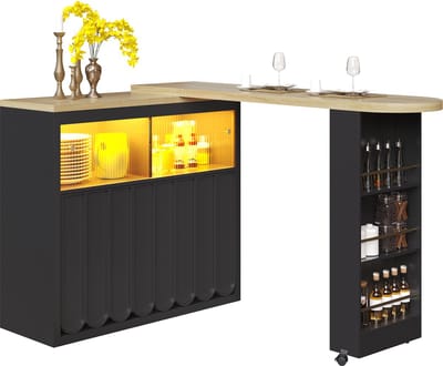 Uitklapbare Bartafel 135-205 cm - Met APP-Gestuurde RGB LED & Muziek - Minimale Glazen Schuifdeuren - Verrijdbaar & Multifunctioneel