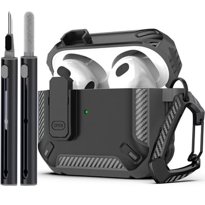 Grijs robuust hoesje voor oordopjes met carbon look geschikt voor AirPods 4 inclusief schoonmaakset en karabijnhaak – schokbestendig en duurzaam
