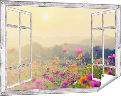 Gards Tuinposter Doorkijk Bloemenveld met Kosmos - Zonsondergang - 120x80 cm - Tuindoek - Tuindecoratie - Wanddecoratie buiten - Tuinschilderij