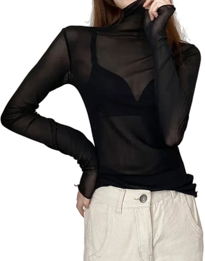 Mesh trui dames - Lange mouwen - Doorzichtig - Coltrui - zwart