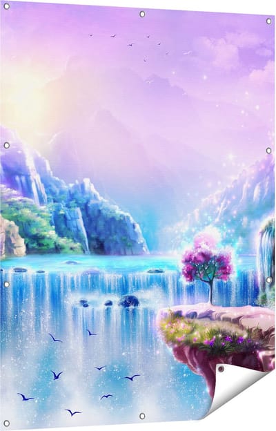 Gards Tuinposter Kleurrijke Sprookjes Waterval - Abstract - 90x120 cm - Tuindoek - Tuindecoratie - Wanddecoratie buiten - Tuinschilderij