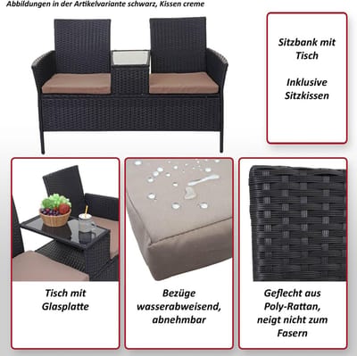 Tuinbank met tafel en terracotta kussens 132 cm zwart