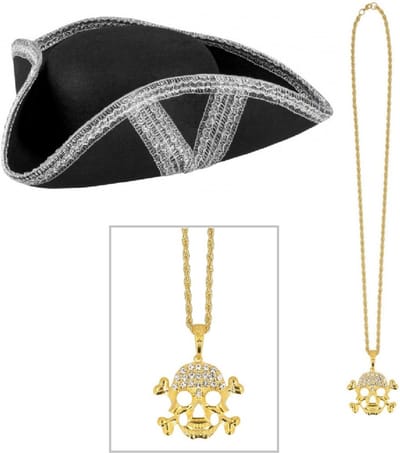 Boland Verkleedkleding set piratenhoed - zwart/zilver - met gouden piraten thema ketting - Piraten feest accessiores - dames/heren