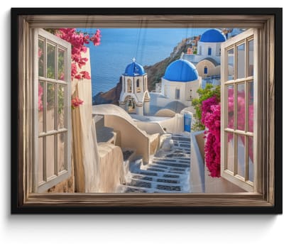 Poster in lijst - Fotolijst 70x50 cm - Posters - Doorkijk - Santorini - Landschap - Blauw - Grieks - Posterlijst zwart - Decoratie - Wanddecoratie woonkamer - Muurdecoratie slaapkamer