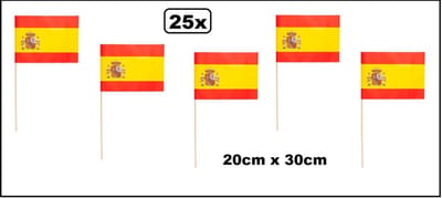 25x Luxe Zwaaivlaggetjes op stok Spanje 20cm x 30cm - stok hout 50cm - Zwaai vlaggetjes EK WK thema feest voetbal festival uitdeel Spaans