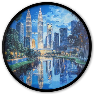Poster in lijst Rond - Fotolijst 40x40 cm - Posters - Stad Kuala Lumpur - Skyline - Wolkenkrabbers - Water - Ronde posterlijst zwart - Decoratie - Wanddecoratie woonkamer - Muurdecoratie slaapkamer