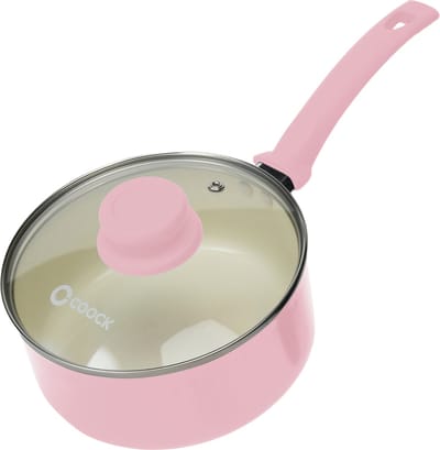COOCK Steelpan met deksel Inductie - 2500ml - Speciale Anti-Aanbak Coating - Sauspan met Ergonomische Koudgrepen - Gerecycled Aluminium - Roze/Wit - Inclusief E-book