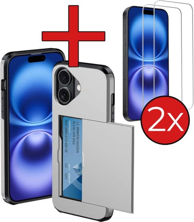 Hoesje Geschikt voor iPhone 16 Hoesje Met Pasjeshouder Hard Case Met Kaarthouder Met 2x Screenprotector - Hoes Geschikt voor iPhone 16 Hoesje Shock Proof Case - Grijs