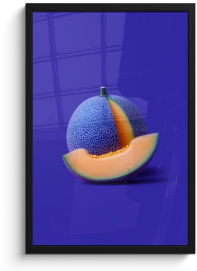 Poster in lijst - Fotolijst 40x60 cm - Posters - Meloen - Blauw - Oranje - Kunstzinnig - Posterlijst zwart - Decoratie - Wanddecoratie woonkamer - Muurdecoratie slaapkamer