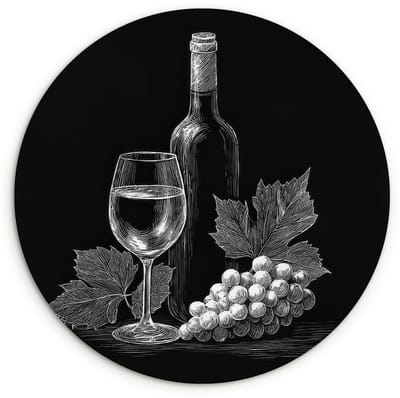 WallCircle® Wandcirkel 120x120 cm - Muurcirkel Wijnfles - Glas - Druiven - Bladeren - Muurdecoratie woonkamer - Wanddecoratie slaapkamer - Kamer decoratie accessoires - Ronde schilderijen XXL