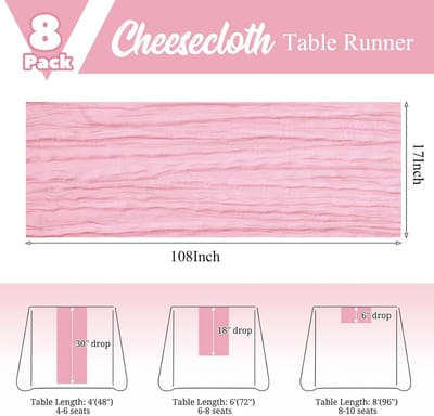 SnelShoppen - Set van 8 Roze Tafelmeters 43 x 274 cm Katoenen Cheesecloth, Boho Tafelmeters voor Eettafel, Bruiloft, Feest, Babyshower, Lente Decorati