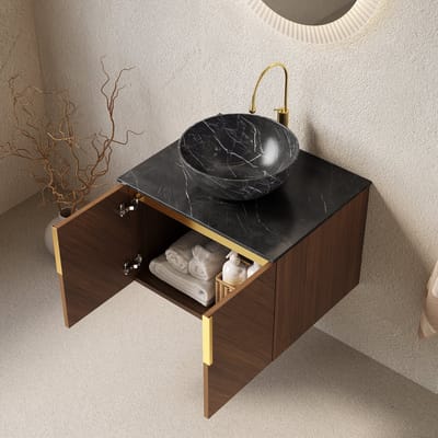 MODFU Badkamermeubel Met Waskom - 2 Deuren En Soft-Close - Modern - Keramiek En Gesinterde Steen - Zwart En Bruin Eiken
