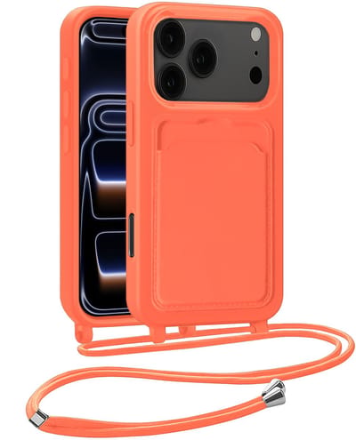 Hoesje Geschikt voor iPhone 17 Pro / 18 Pro Hoesje Met Telefoonkoord en Pasjeshouder Siliconen - Hoes Geschikt voor iPhone 17 Pro / 18 Pro Hoesje Met Kaarthouder Case - Papaya