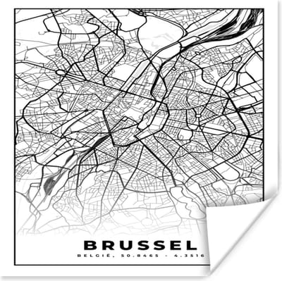 Poster België – Brussel – Stadskaart – Kaart – Zwart Wit – Plattegrond - 100x100 cm XXL