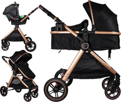 Combi Kinderwagen - 3-in-1 Kinderwagen Reiswieg Set - Baby Vervoeren - Wendbaar Frame - 4 Wielen - Zwart met Roze