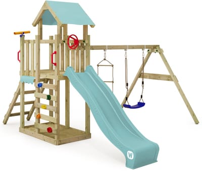 Wickey MultiFlyer Light Speeltoestel - Speeltoren met Schommel en Glijbaan - Inclusief Zandbak en Touwladder - 371x272x252 cm - Pastelblauw