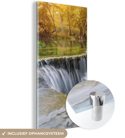 MuchoWow® Glasschilderij 20x40 cm - Schilderij acrylglas - Herfst - Waterval - Natuur - Bomen - Foto op glas - Schilderijen