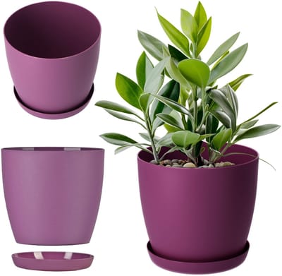 KADAX Bloempot, plantenpot met onderzetter, ronde kunststof bloempot voor cactussen, varens, matte bloempot voor balkon, woning en terras, 14 cm, pruimkleur