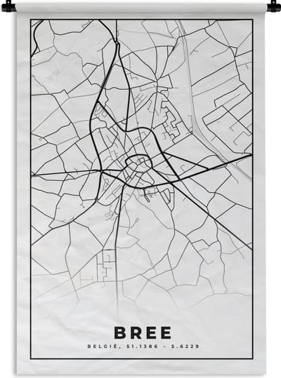 Wandkleed - Wanddoek - Stadskaart – Plattegrond – België – Zwart Wit – Bree – Kaart - 120x180 cm - Wandtapijt
