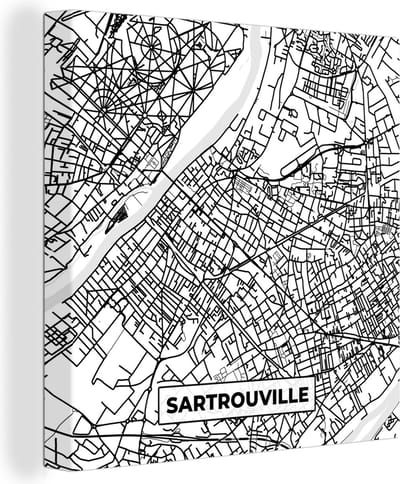 Canvas Schilderij Sartrouville - Stadskaart - Frankrijk - Kaart - Plattegrond - Zwart wit - 20x20 cm - Wanddecoratie