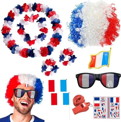 12-delige fanset voor het Franse nationale team met pruik, slingers, stickers en vlaggen voor voetbalenthousiastelingen