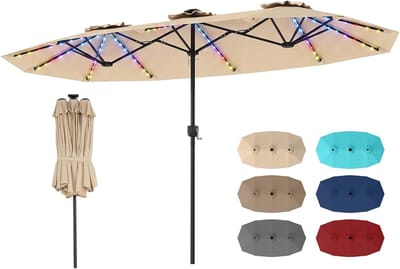 COSTWAY Dubbele parasol 375 x 200 cm, dubbele parasol met led-verlichting op zonne-energie, 12 verlichtingsstanden, 2 oplaadmogelijkheden, tuinparasol met slinger, terrasparasol, marktparasol (beige)