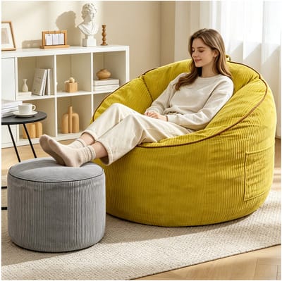 Zitzak Met Voetenbank - Ergonomische Gebogen Loungestoel Met Opbergvak - Voor Woonkamer En Leeshoek - Gele Flanelstof