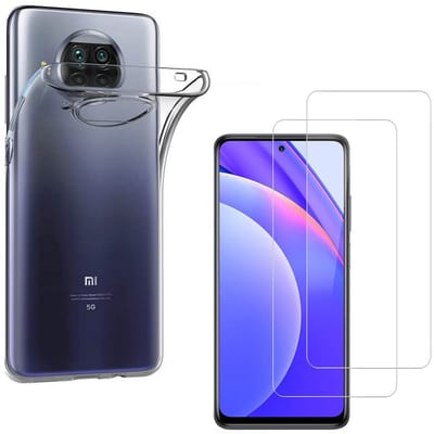 Hoesje Ultraslank geschikt voor Xiaomi mi 10t Lite 5G backcover siliconen Transparant en 2 stuks ScreenProtector Gehard Glas