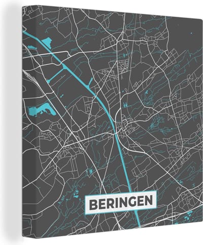 Canvas Schilderij België – Beringen – Stadskaart – Kaart – Blauw – Plattegrond - 20x20 cm - Wanddecoratie