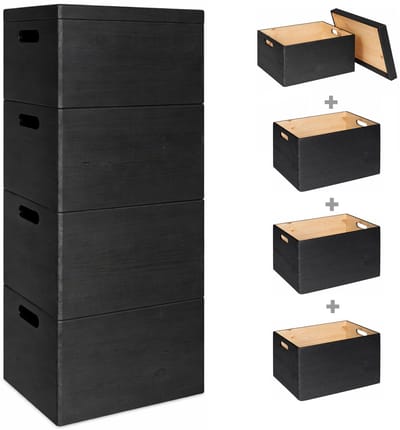 Haudt® Houten stapelkist set mat ZWART - 3 x KIM Maxi open en 1 x KIM Maxi met losse deksel - stapelbare opbergoplossing - houten kisten - opbergkist - vurenhout