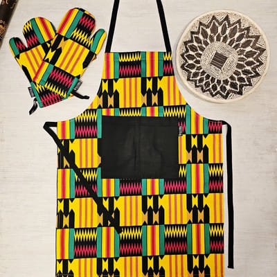 Keuken Schort en Set van 2 Ovenwanten | Afrikaanse Boheemse Stijl Geometrische 'Mudcloth' Bogolan Geïnspireerd Druk Schort