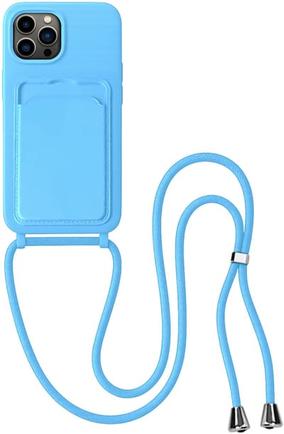 Hoes Geschikt voor iPhone 13 Pro Hoesje Pas Houder Case Hoes Met Koord - Hoesje Geschikt voor iPhone 13 Pro Hoes Met Telefoonkoord Pasjeshouder Cover - Lichtblauw
