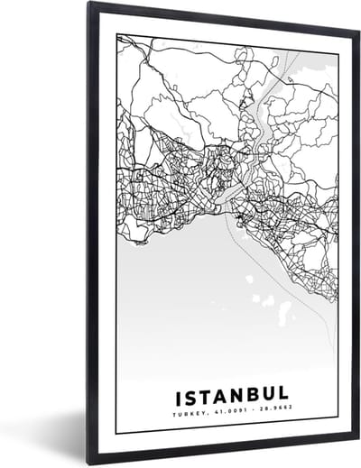 Fotolijst incl. Poster Zwart Wit- Istanbul - Plattegrond - Stadskaart - Zwart Wit - Kaart - 40x60 cm - Posterlijst