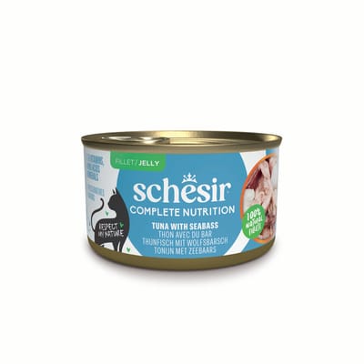 6x85g Tonijn met zeebaars Schesir Complete Voeding filet in gelei  kattenvoer in gelei Natvoer voor katten