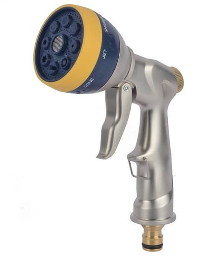 Tuinslangsproeier met 8 sproeistanden en een hogedruksproeier, geschikt voor het besproeien van bloemen, het wassen van auto's en schoonmaakwerkzaamheden. Duurzame tuinslangsproeier met instelbaar sproeipatroon.